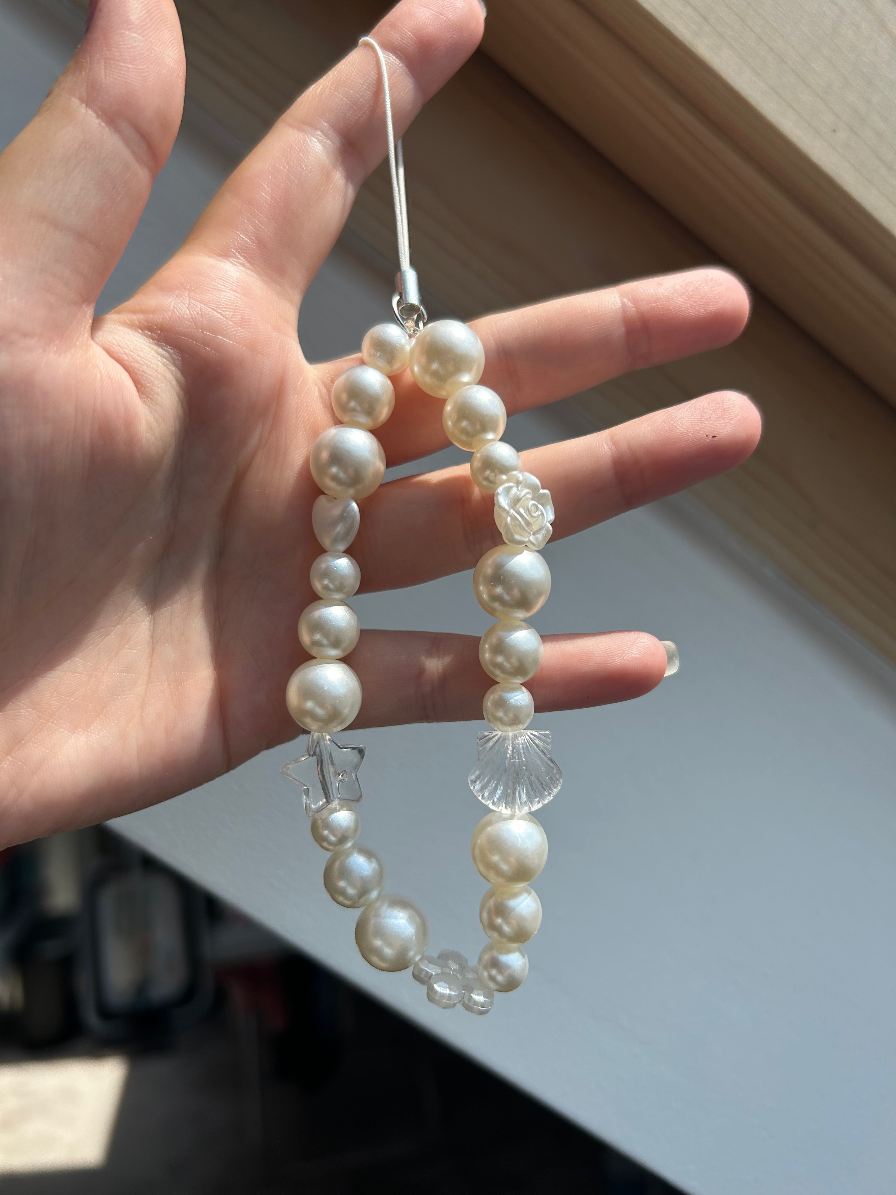 Pearl Seashell Phone Charm - Pearl Beaded Charm Sling