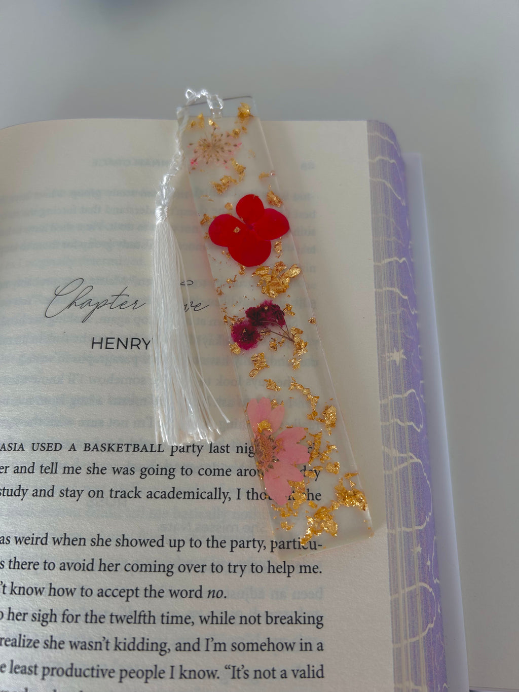 Crimson Bloom Pink Flower Resin bookmark, gold leaf and Personalisable Name, Gift