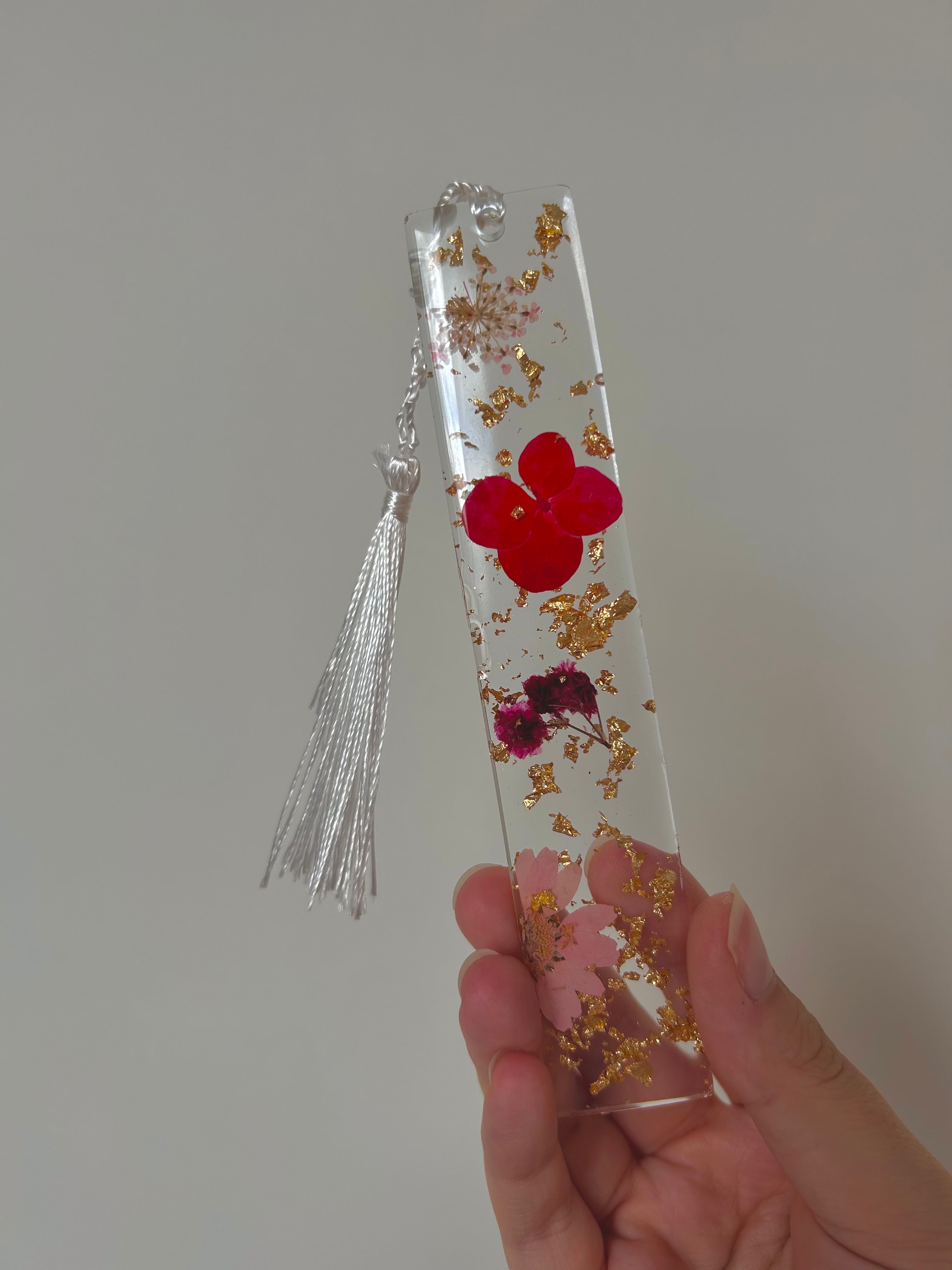 Crimson Bloom Pink Flower Resin bookmark, gold leaf and Personalisable Name, Gift