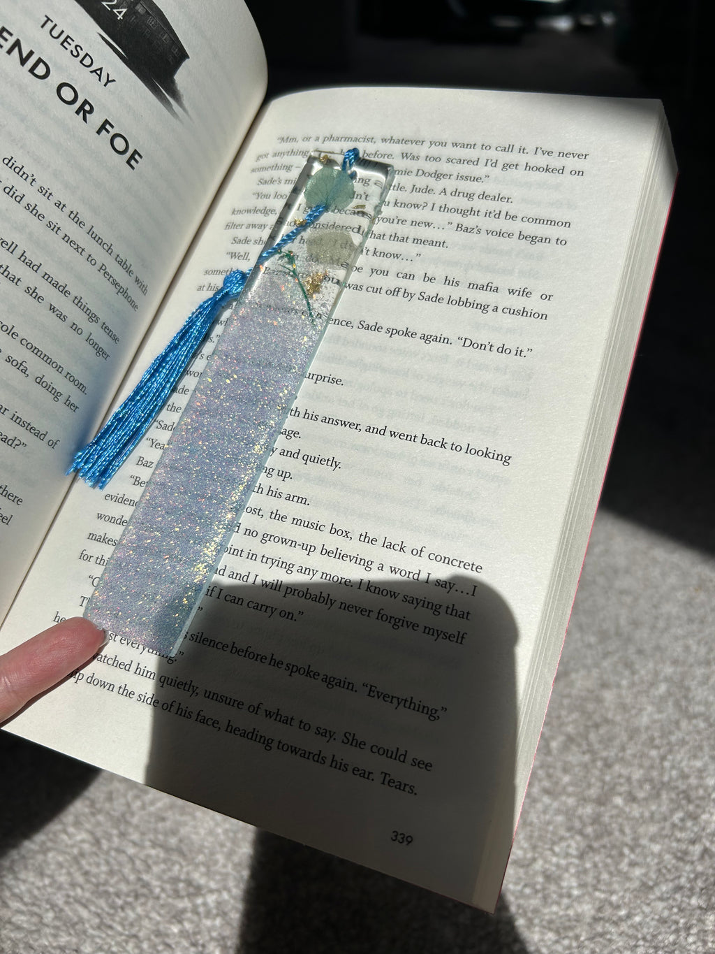 Blue/pink Botanical Glitter Colour Changing Summer Resin Bookmark Personalisable gift.