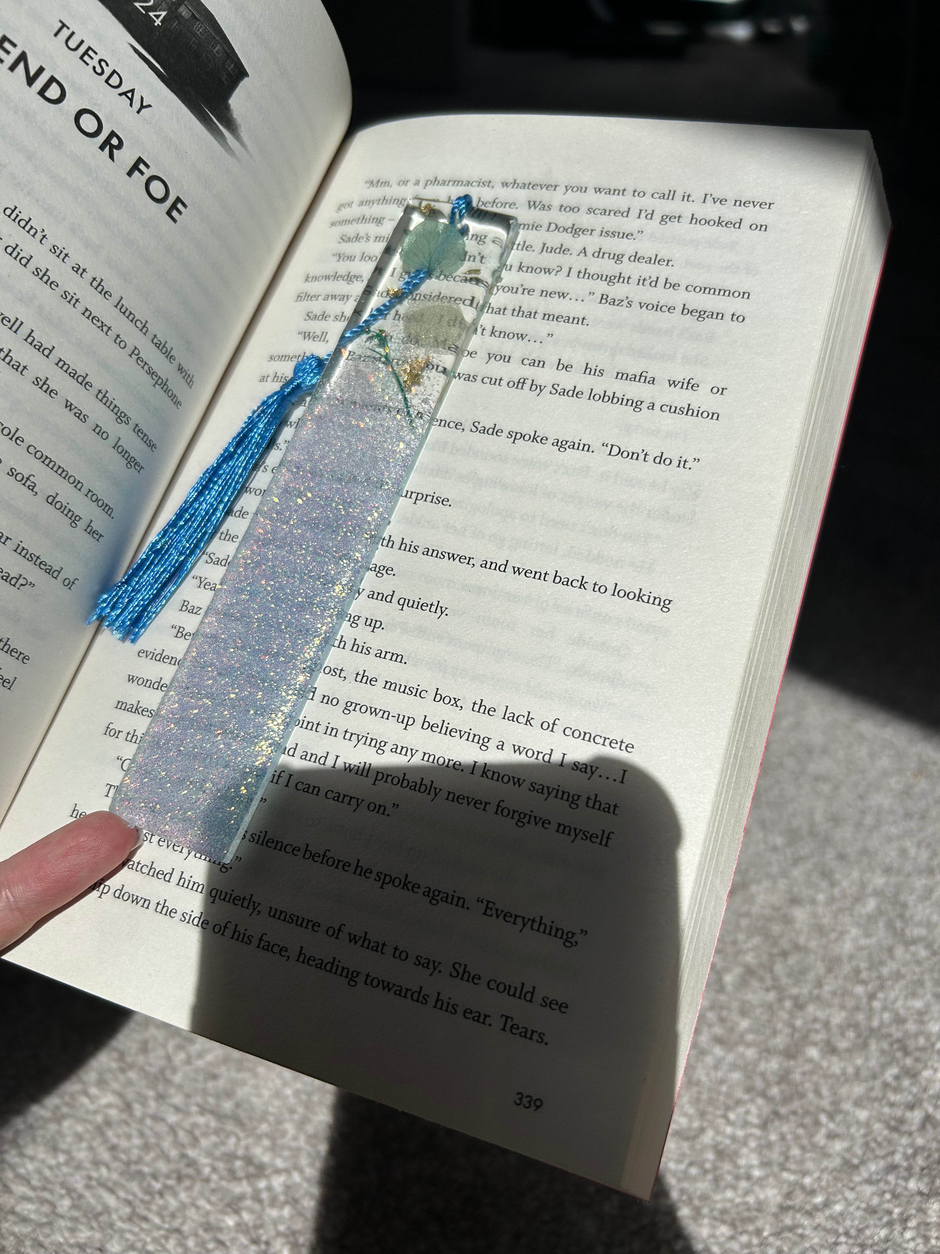 Blue/pink Botanical Glitter Colour Changing Summer Resin Bookmark Personalisable gift.