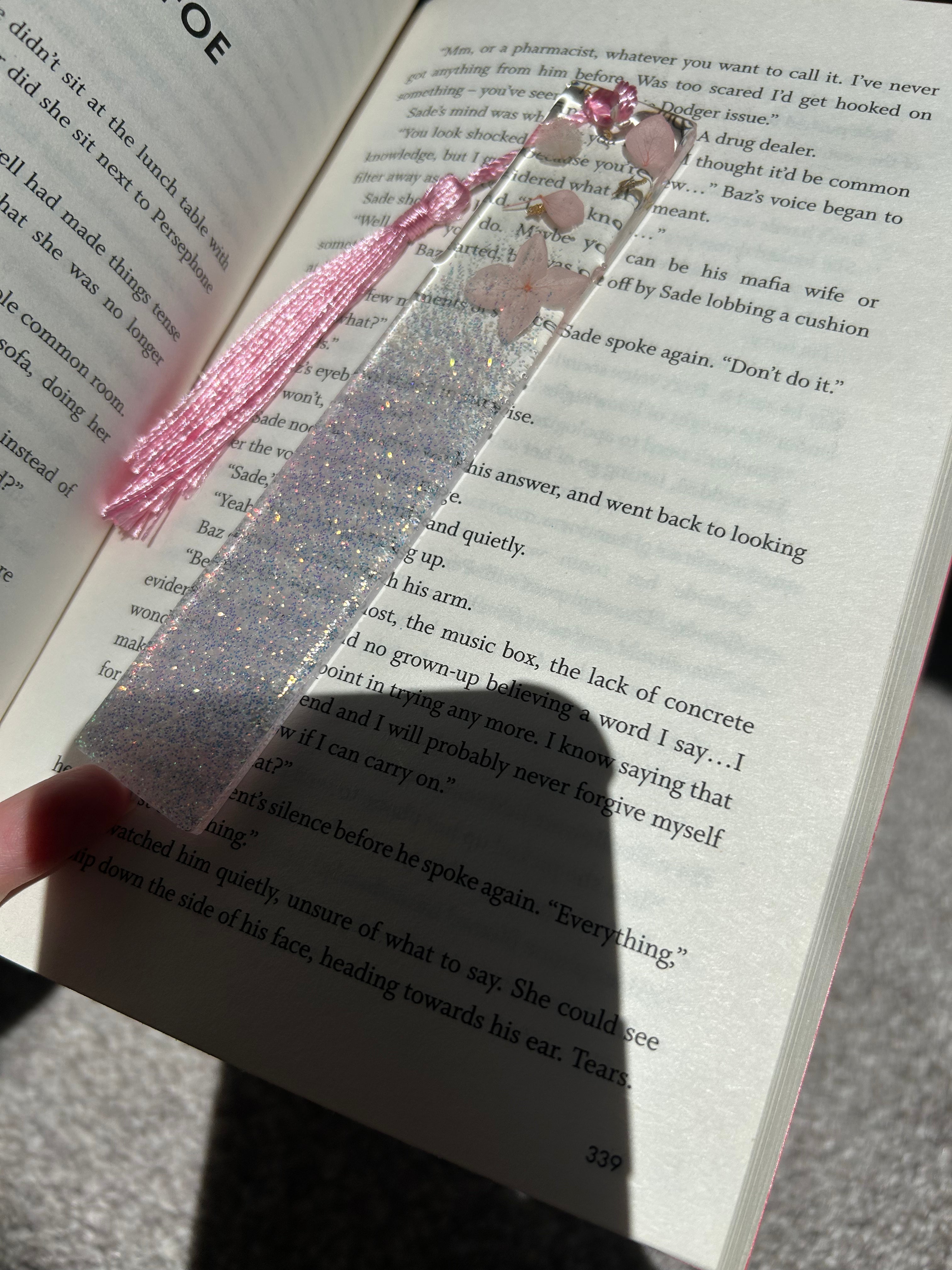 Blue/pink Botanical Glitter Colour Changing Summer Resin Bookmark Personalisable gift.
