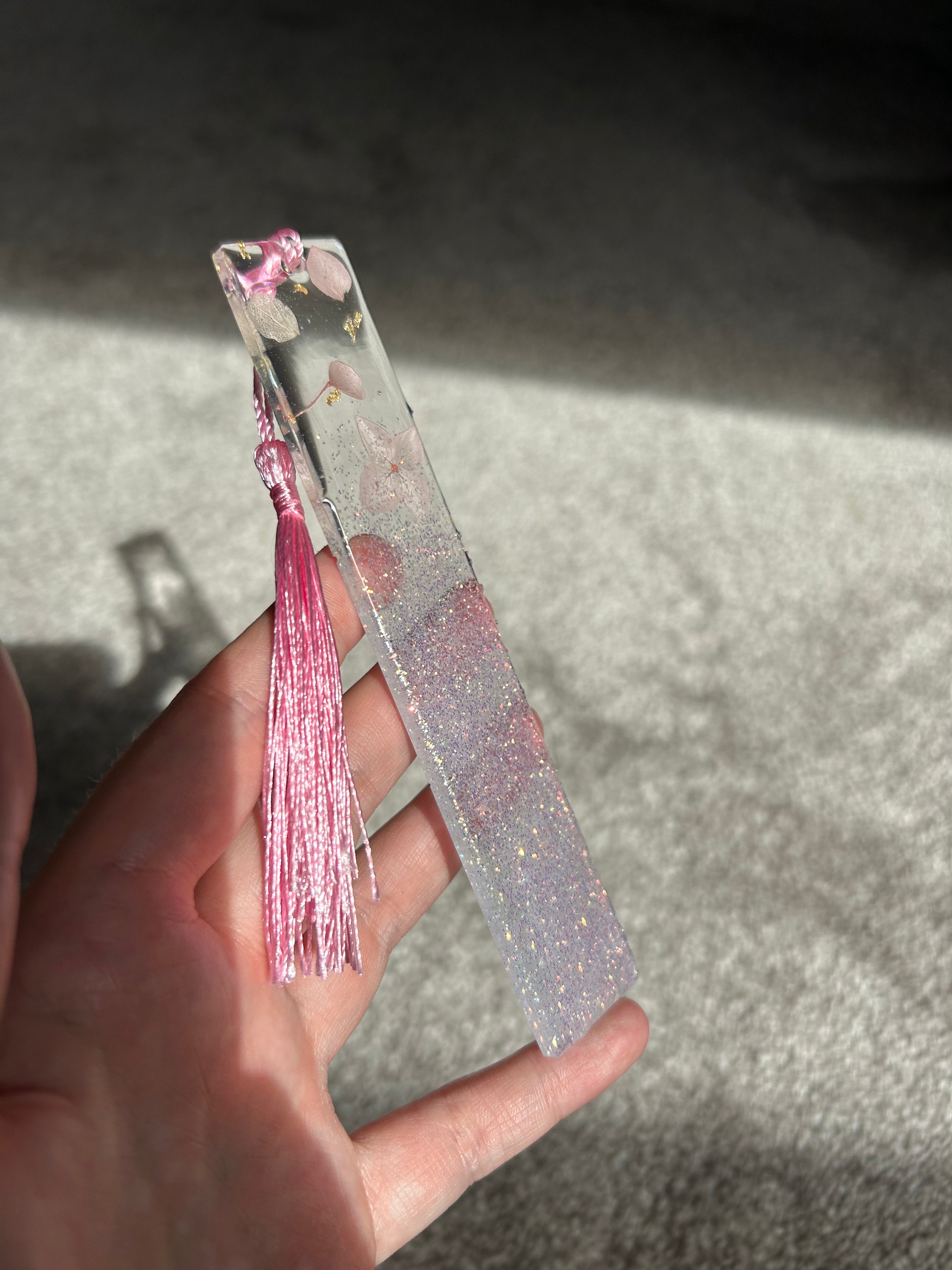 Blue/pink Botanical Glitter Colour Changing Summer Resin Bookmark Personalisable gift.